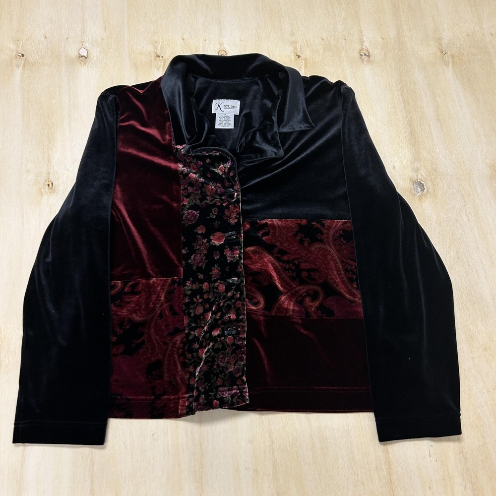 Vintage K Studio Blouse Womens 18 Black Velvet Paisley Toggle Front Long Sleeve